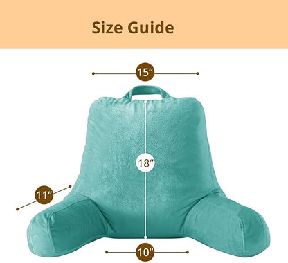 Sasttie Reading Pillow, Velvet Back Pillow for Bed Sitting Up, Adult Back-Rest Support Cushion with Arms for Sit Up on Couch, Sofa, and Floor, Dorm Essentials, Reading Accessories, Teal Cyan