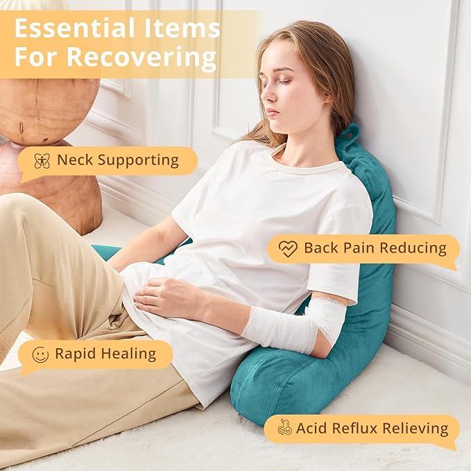 Sasttie Reading Pillow, Velvet Back Pillow for Bed Sitting Up, Adult Back-Rest Support Cushion with Arms for Sit Up on Couch, Sofa, and Floor, Dorm Essentials, Reading Accessories, Teal Blue
