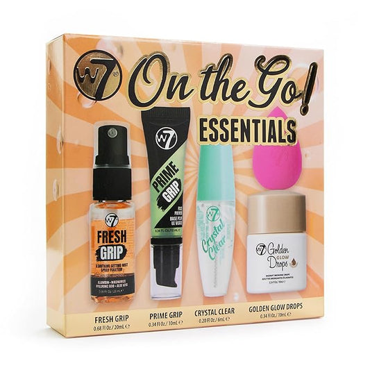 W7 On the Go Essentials Gift Set - Mini Makeup Must-Haves with Primer, Setting Spray, Mascara, Golden Glow Bronzing Drops & Beauty Sponge - Travel or Handbag Size Essentials