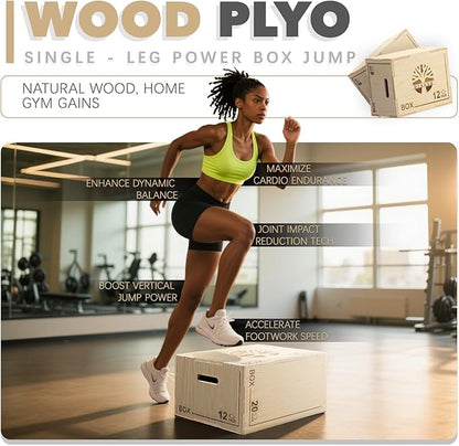 Plyo Box - 3-in-1 Wood Plyometric Jump Platform (20"x16"x12") for Home Gym Training - Ideal for Jumps, Squats & Conditioning-1 Piece