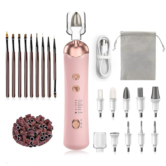 Professional Manicure Pedicure Kit, Electric Nail File Set, Cordless Electric Nail Drill Machine, 5 Speeds Hand Foot Care Nail Drill for Thick Nail Toenail Cuticle with 9Pcs Drawing Brushes