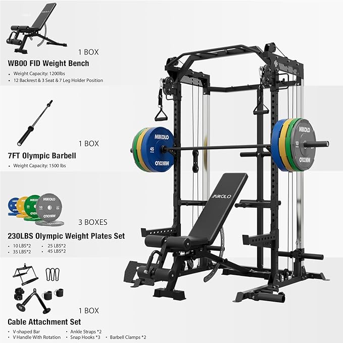 Mikolo Power Cage, 2000LB Power Rack with Independent Dual Pulley System, Multi-Function Home Gym Workout Machine for Cable Crossover