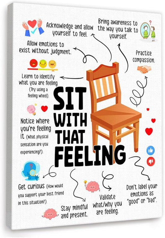 YEOION Mental Health Wall Decor,Sit with That Feeling Wall Art Canvas Frame Print for Mental Health Therapy Office School Counselor Calming Corner Wall Decor