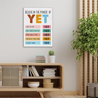 Mental Health Wall Art Canvas Painting Growth Mindset Print Framed I Believe in the Power of Yet Canvas Sign for Therapy Office Counselor Office Decor (12x15 Inch)