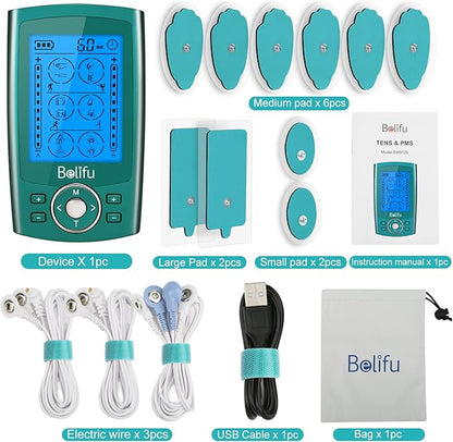Belifu Dual Channel TENS EMS Unit 24 Modes Muscle Stimulator for Pain Relief Therapy, Electronic Pulse Massager Muscle Massager with 10 Pads, Dust-Proof Drawstring Storage Bag, Fastening Cable Ties