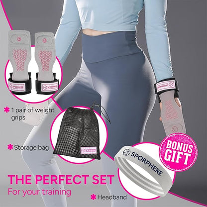 Premium Weight Grips for Women, Lifting Straps, Wrist Wraps for Weightlifting Women- Anti-Slip Silicone Gym Grip Ergonomic, Women's Gym Grips, Ideal for CrossFit– Deadlift straps & Pull up bar grips-Sport Headband Bonus Gift -SPORPHERE