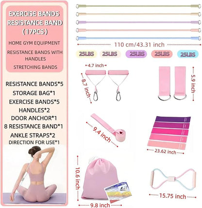 17PCS Exercise Bands Resistance Bands Set, Resistance Bands with Handles for Working Out & Physical Therapy,Bandas De Resistencia para Hacer Ejercicio,Figure 8 Exercise Bands(125 LBS)
