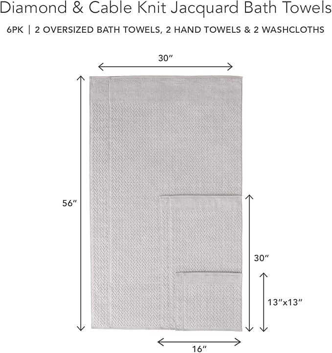 Texere 100% Organic Cotton Jacquard 650 GSM Premium Bath Towel Sets - Extra Absorbent Quick Dry and Plush, 2 Large Bath Towels, 2 Hand Towels, 2 Washcloths (Cable, Light Taupe, 6 Piece)