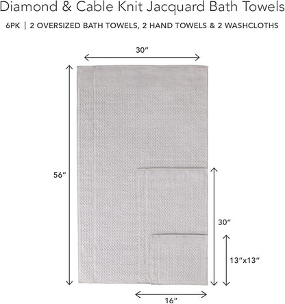 Texere 100% Organic Cotton Jacquard 650 GSM Premium Bath Towel Sets - Extra Absorbent Quick Dry and Plush, 2 Large Bath Towels, 2 Hand Towels, 2 Washcloths (Cable, Light Taupe, 6 Piece)