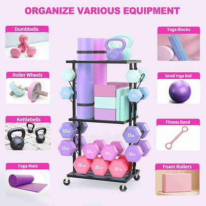 Dumbbell Rack Compact Weight Rack Home Gym Storage Rack Yoga Mat Storage Workout Equipment Organizer with Wheels