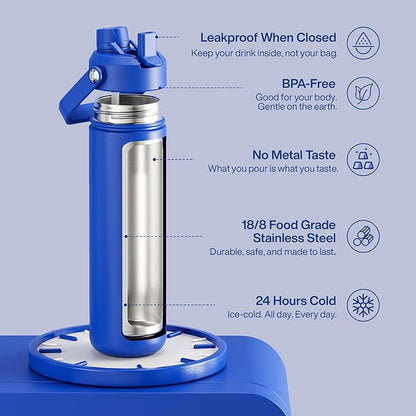 Insulated Water Bottle with Straw Stainless Steel Water Bottle, Leak-Proof, BPA-Free, Double Wall Vacuum Keeps Cold for 24 Hours for Sports, Travel, School (26 oz, Royal Blue)