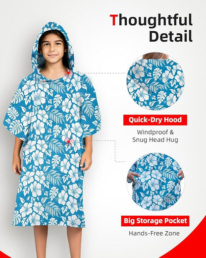Abahub Surf Poncho Women & Men Towel Poncho Adult with Hood, Thick Quick Dry Changing Poncho Towel, Microfiber Wearable Cover Up for Surfing Beach Swim - Absorbent Changing Towel S (Blue Flower)