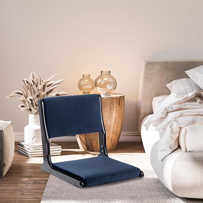 HollyHOME Foldable Tatami Chair, Upholstered Japanese Style Floor Chair, Wood Legless Back Rest Chair with Cushion, Accent Meditation Floor Seat for Bay Window, Living Room, Bedroom, Dark Blue