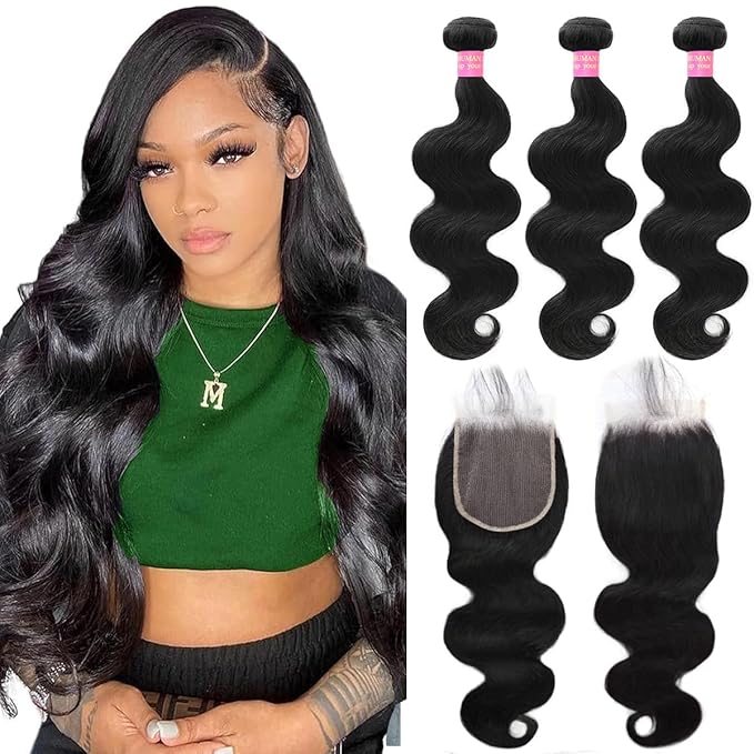 Bundles Human Hair with Closure (22 24 26+20 Inch) 12A Body Wave 3 Bundles with 5x5 Closure 100% Unprocessed Brazilian Virgin Quick Weave Bundles Human Hair Natural Black
