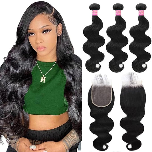 Bundles Human Hair with Closure (22 24 26+20 Inch) 12A Body Wave 3 Bundles with 5x5 Closure 100% Unprocessed Brazilian Virgin Quick Weave Bundles Human Hair Natural Black