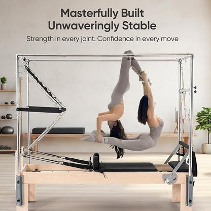 Pilates Reformer with Half Trapeze – Maple Wood Frame, Adjustable Resistance & Half Trapeze for Home Gym, Core Strength, Flexibility & Full-Body Workouts, Mocha