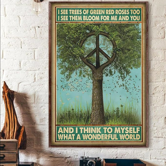 Curteny Vintage Metal Tin Sign Peace Tree and I Think to Myself What A Wonderful World Hippie Peace Poster Tin Sign Poster Vintage Metal Signs for Bar Music Club Man Cave Room Wall Decor 5.5x8 Inch…
