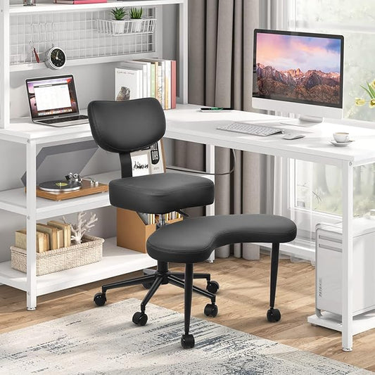 Meditation Chair, Cross Legged ADHD Office Chair for Adults with Wheels Ergonomic Back Support and Leg Rest for Multi Position Criss Cross Sitting Kneeling and Yoga Height Adjustable, Leather Style