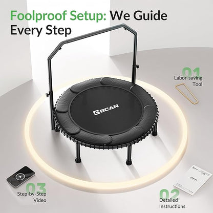 BCAN 40"/48" Mini Rebounder Trampoline for Adults with Bar, 450/550LBS Fitness Trampoline with Bungees, Adjustable Handle, Stable & Quiet, Indoor Outdoor, Whole-Body Workout & Relaxation at Home