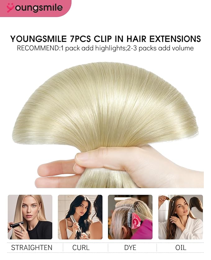 Youngsmile Clip in Hair Extensions Human Hair For Women 16 Inch 140 Gram 7 Pcs Color 60 Platinum Blonde Human Hair Extensions Clip in Double Weft Real Human Hair (7C#60-16Inch)
