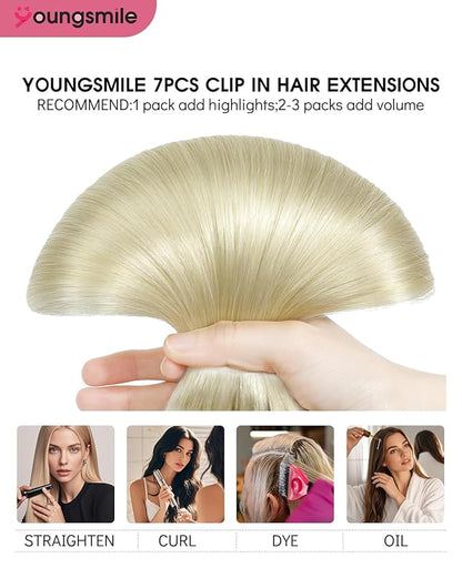 Youngsmile Clip in Hair Extensions Human Hair For Women 16 Inch 140 Gram 7 Pcs Color 60 Platinum Blonde Human Hair Extensions Clip in Double Weft Real Human Hair (7C#60-16Inch)