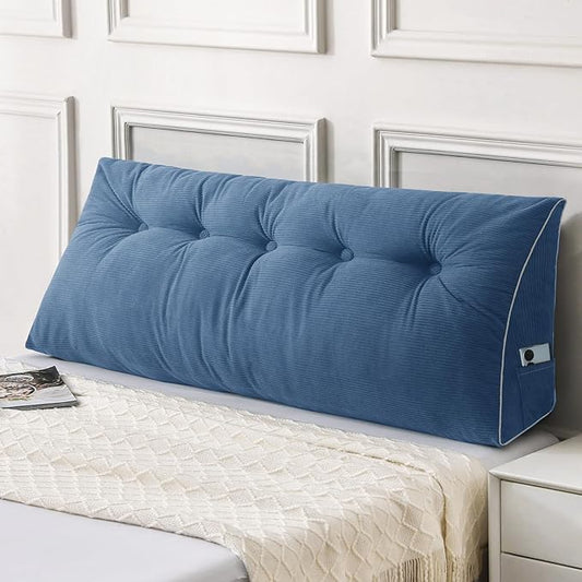 Sasttie Headboard Pillow Full, Wedge Pillow Headboard for Sitting Up in Bed, Back-Rest Support Triangular Cushion for Reading - Features Removable Washable Cover, Blue