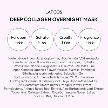 LAPCOS Deep Collagen Glass Skin Overnight Mask - Korean Skin Care Mask w/Rose PDRN, Vegan Collagen & Hydrogel Sheet - Hypoallergenic Firming Collagen Face Mask Sheets (4 ea, 1.23 oz)