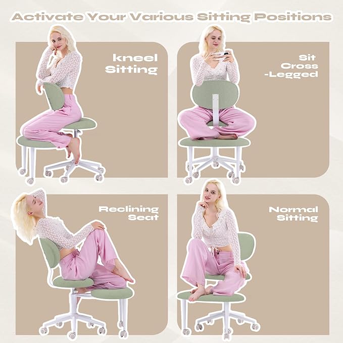 Ergonomic Cross Legged Office Chair with Wheels, ADHD Chair for Adults, Meditation Chair, Yoga Office Chair, Comfortable Back Support, Height Adjustable,Small Spaces, Teddy Fabric, Green