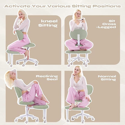 Ergonomic Cross Legged Office Chair with Wheels, ADHD Chair for Adults, Meditation Chair, Yoga Office Chair, Comfortable Back Support, Height Adjustable,Small Spaces, Teddy Fabric, Green