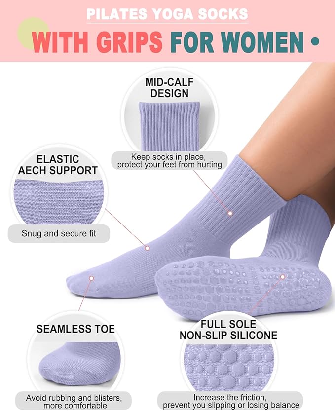 5 Pairs Pilates Grip Socks Yoga Socks with Grips for Women, Non-Slip Athletic Socks for Ballet, Dance, Workout, Hospital