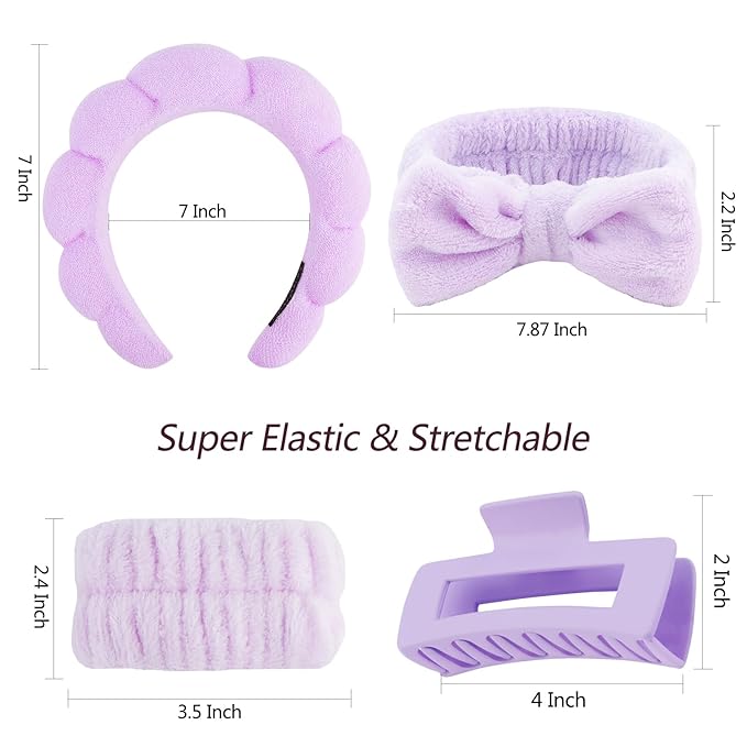 VELSCRUN Spa Headbands for Wash Face, Makeup Headband, Facial Skincare Headbands, 5 Pcs Purple Puffy Sponge Spa Headband Bow Tie Hair Band Hair Clips Wristband Set Women Girls Accessories