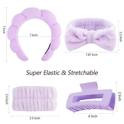 VELSCRUN Spa Headbands for Wash Face, Makeup Headband, Facial Skincare Headbands, 5 Pcs Purple Puffy Sponge Spa Headband Bow Tie Hair Band Hair Clips Wristband Set Women Girls Accessories