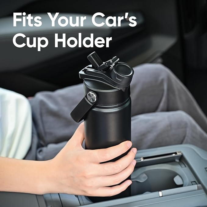 24 oz Insulated Water Bottle, 2-in-1 Lid, Straw & Spout with Protected, Leak Proof, Keep Cold, Stainless Steel, Metal, Reusable, Handle, for Travel, Gym and School, 2 Lids, Char Gray