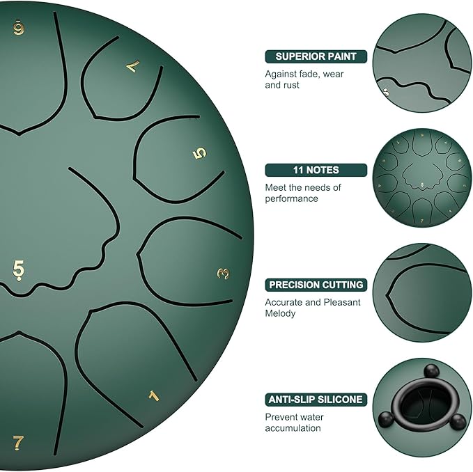 Rain Drum for Outside Garden, 8 Inches 11 Notes Steel Tongue Drum, Waterproof Meditation Rain Chime, Musical Instruments for Adult Gift with Bag, Music Book, Mallets (Green)