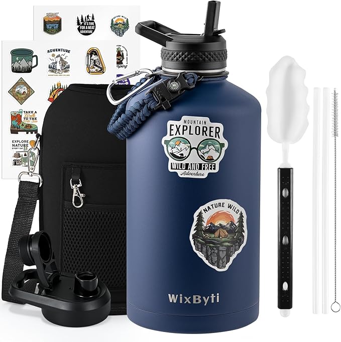 One Gallon Water Bottle Insulated, Triple Wall Vacuum Cold for 48 Hrs & Leak-proof & Non-BPA, 128oz Large Sports Stainless Steel Water Jug with Paracord Handle Straw Spout Lids & DIY Stickers