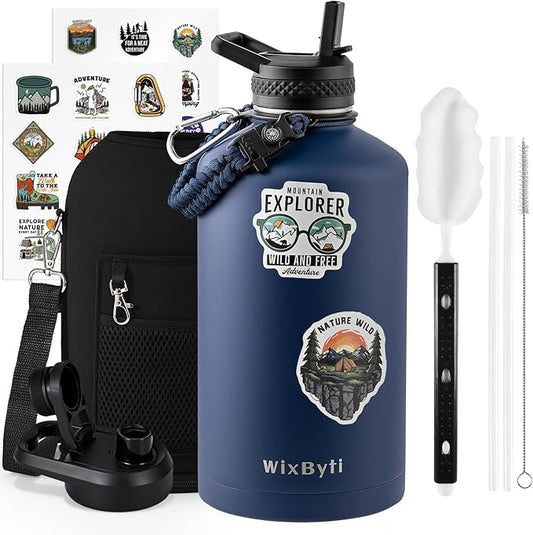 One Gallon Water Bottle Insulated, Triple Wall Vacuum Cold for 48 Hrs & Leak-proof & Non-BPA, 128oz Large Sports Stainless Steel Water Jug with Paracord Handle Straw Spout Lids & DIY Stickers
