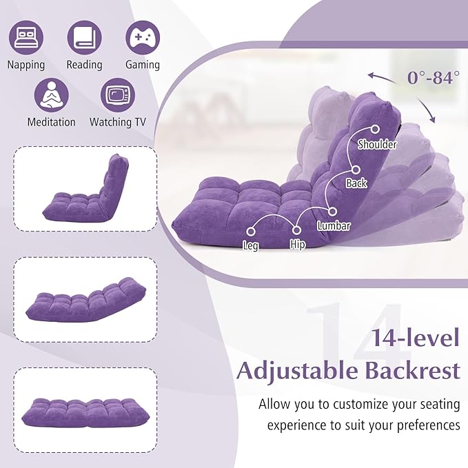 RELAX4LIFE Floor Chair with Back Support - 14-Position Adjustable Lazy Sofa Chair, Padded Sleeper Bed & Couch Recliner for Reading Meditation, Folding Floor Gaming Chair for Adults (Purple)