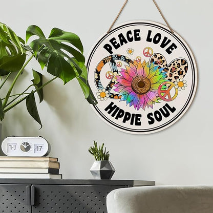 Hippie Peace Sign Wall Decor, Hippie Peace Sign for Front Door Home Living Room Bedroom, Peace and Love Sign, Boho Hippie Peace Round Wood Hanging Signs Decorations, Hipple Soul Sign