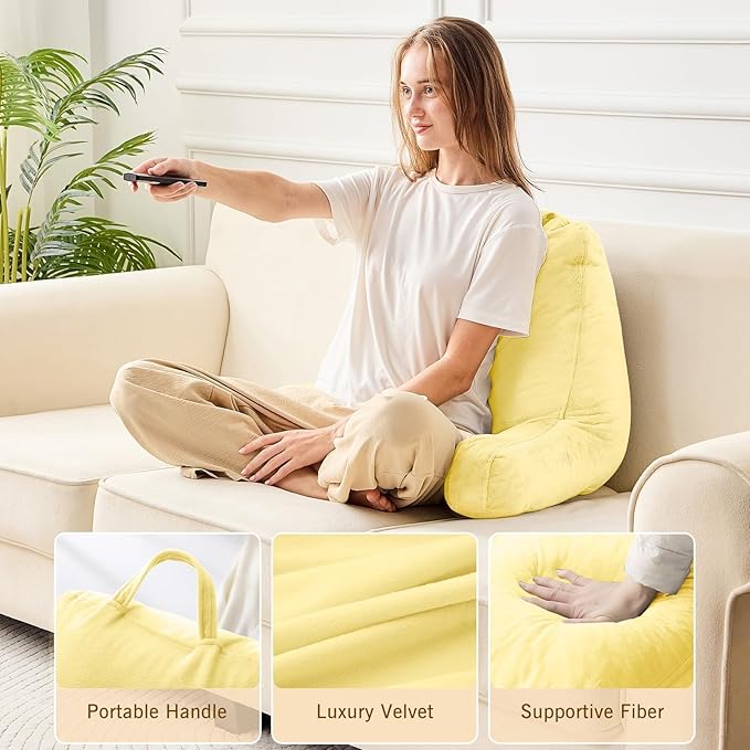 Sasttie Reading Pillow, Velvet Back Pillow for Bed Sitting Up, Adult Back-Rest Support Cushion with Arms for Sit Up on Couch, Sofa, and Floor, Dorm Essentials, Reading Accessories, Light Yellow