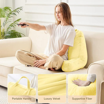 Sasttie Reading Pillow, Velvet Back Pillow for Bed Sitting Up, Adult Back-Rest Support Cushion with Arms for Sit Up on Couch, Sofa, and Floor, Dorm Essentials, Reading Accessories, Light Yellow