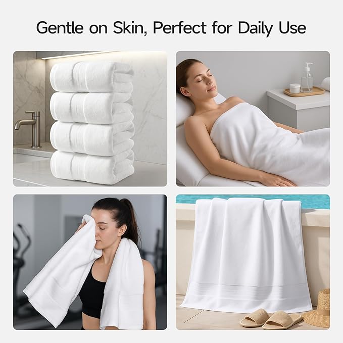 REDKISS 100% Cotton Bath Towels Set of 4, Extra Large Bath Sheets 27 X 59 Inches, 600 GSM, Quick Dry, Ultra Soft & Super Absorbent Bathroom Towel Sets for Bathroom, Gym, Spa, Pool & Hotel, White