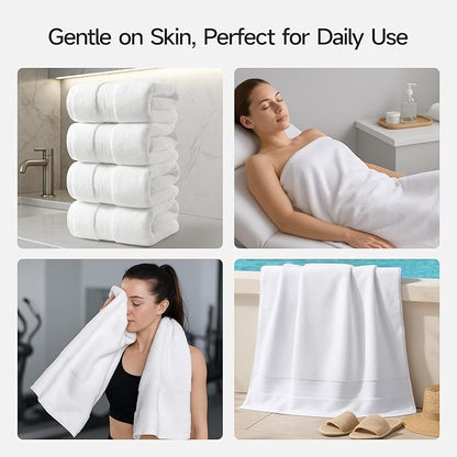 REDKISS 100% Cotton Bath Towels Set of 4, Extra Large Bath Sheets 27 X 59 Inches, 600 GSM, Quick Dry, Ultra Soft & Super Absorbent Bathroom Towel Sets for Bathroom, Gym, Spa, Pool & Hotel, White