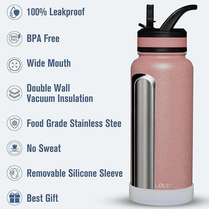 OLDLEY 32 oz Insulated Water Bottle With Straw, Stainless Steel Sports Water Cup Flask with 3 Lids(Straw, Spout and Handle Lid) Double Walled Travel Thermal Canteen Mug,Rose Gold