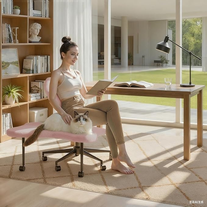 Ergonomic Cross Legged Chair, 360° Swivel Meditation Chair with Wheels, Height Adjustable Seat for ADHD, Strong Lumbar Support, Chic Home Office Furniture, Teddy Fabric, Pink