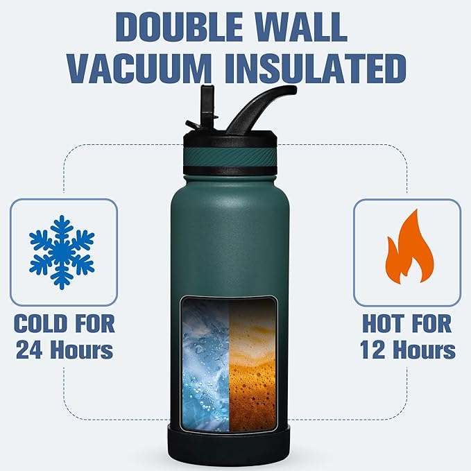 OLDLEY 32 oz Insulated Water Bottle With Straw, Stainless Steel Sports Water Cup Flask with 3 Lids(Straw, Spout and Handle Lid) Double Walled Travel Thermal Canteen Mug,Midnight Black