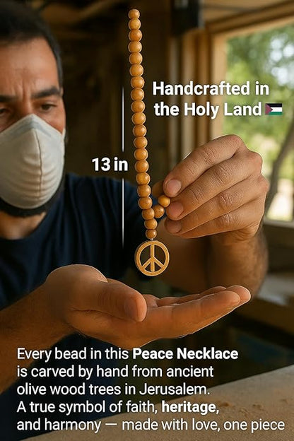 SANAD Peace Sign Necklace Olive Wood – Handmade Hippie Jewelry from Jerusalem – 60s 70s Costume Accessory – Lightweight Retro Pendant for Men & Women
