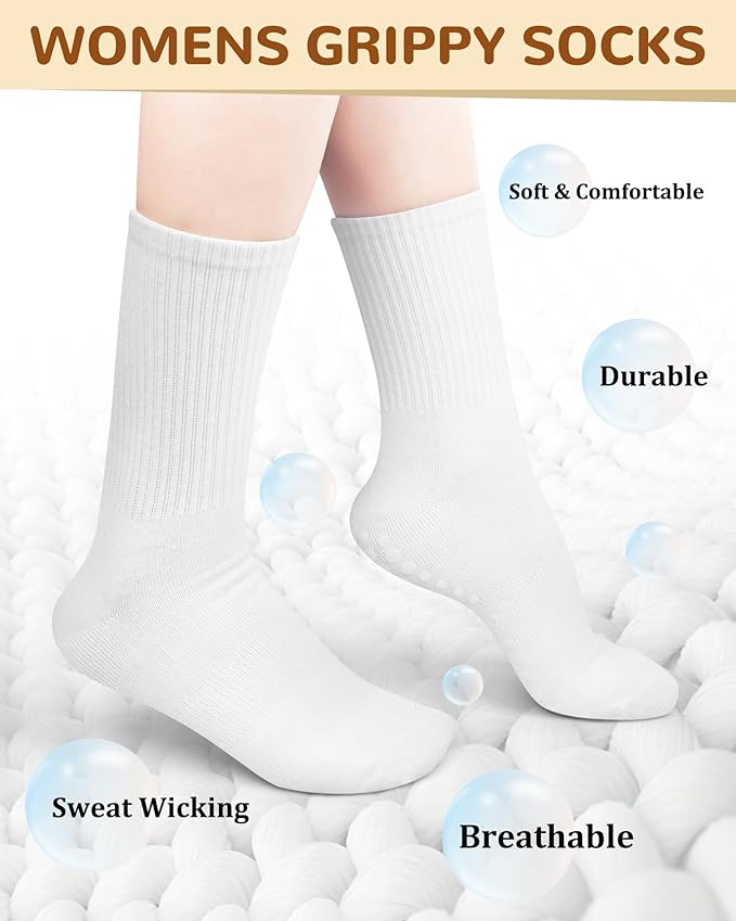 Justay 6 Pairs Pilates Socks with Grips for Women Soft Non Slip Crew Cotton Athletic Workout Barre Hospital Yoga Socks