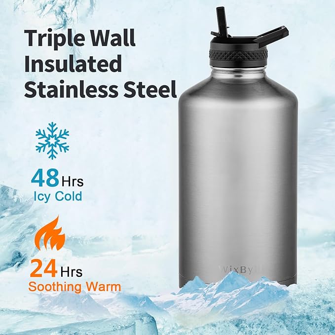 One Gallon Water Bottle Insulated, Triple Wall Vacuum Cold for 48 Hrs & Leak-proof & Non-BPA, 128oz Large Sports Stainless Steel Water Jug with Paracord Handle Straw Spout Lids & DIY Stickers