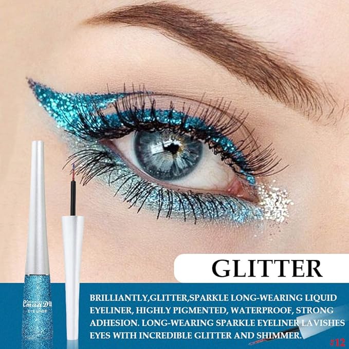 evpct 2Pcs Dark Light Royal Blue Color Liquid Glitter Eyeliner Liners Sets for Women Liquid Sparkly Glitter Eyeliner delineador con glitter de colores para ojos colores 03+12