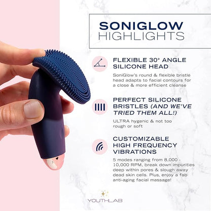 SoniGlow Silicone Facial Cleansing Brush – Electric Vibrating Skincare Scrubber Tool for Deep Pore Cleansing, Gentle Massage, Makeup Removal, Waterproof and Rechargeable (Navy)